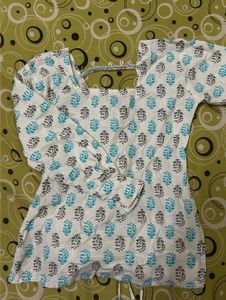 White Kurta with Blue & Grey Print