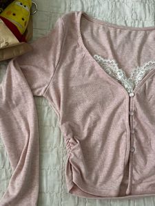 Pink Lace Trimmed Button-Up Top