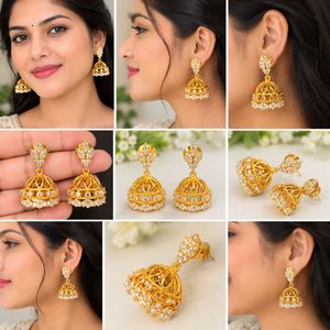 Elegant Gold Jhumka Earrings with Stones