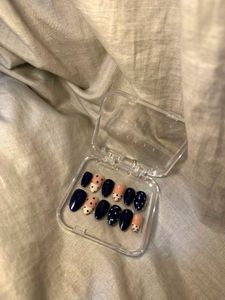 Resuable Cute Navy &amp; Pink Polka Dot Press-On Nails
