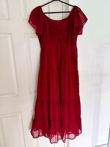 Elegant Red Swiss Dot Midi Dress