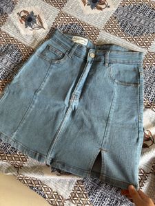Light Wash Denim Mini Skirt with Slit