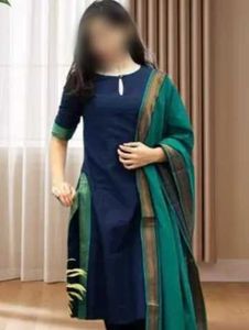 Elegant Navy Blue Kurta Set with Green Dupatta