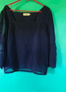 Dark Blue Embroidered Bell Sleeve Blouse