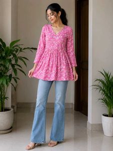 Pink Printed V-Neck Peplum Kurti