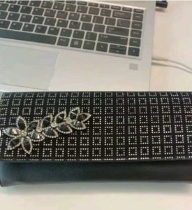 Elegant Black Clutch with Rhinestone Flowers