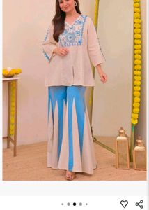 White Kurta Set with Blue Embroidery