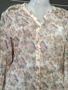 Sheer Floral Print Button-Up Blouse
