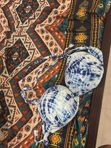 Stylish Blue &amp; White Tie-Dye Bikini Top