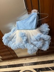 Baby Blue Ruffle Party Dress with a trail