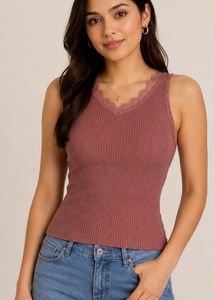 Ribbed Lace Trim V-Neck Tank Top