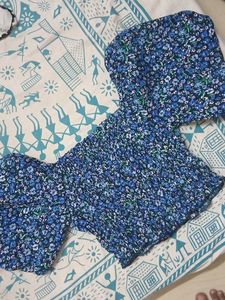 Blue Floral Smocked Puff Sleeve Top