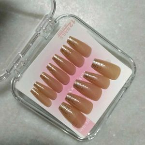 Nude & Gold Glitter Press-On Nails,FIXED PRICE