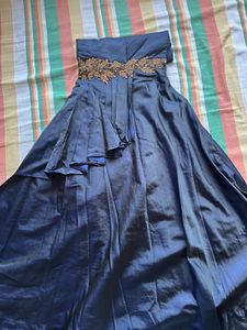 Elegant Blue Dress with Gold Embroidery