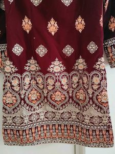 Embroidered Maroon Velvet Kurta