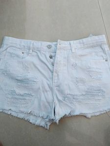 Distressed White Denim Shorts