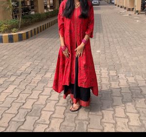 Red Printed Kurta with Black Palazzo