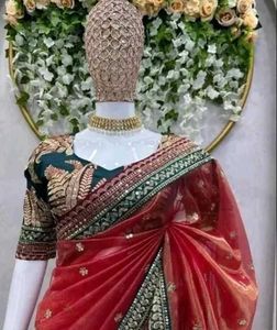 Stunning Red Embroidered Net Saree
