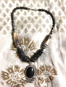 Unique wood Beaded Necklace with Black Pendant