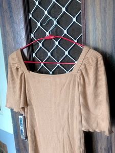 beige Ribbed Square Neck Top