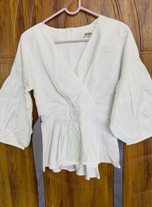 White Balloon Sleeve Peplum Top
