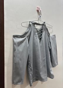 Grey Cold Shoulder Lace-Up Top