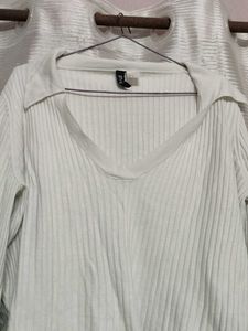 White Ribbed Collared Crop Top