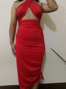 Chic Red Halter Neck Ruched Midi Dress