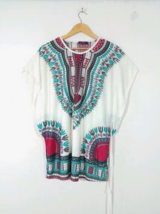 White Multicolor Neckline Kaftan(Women's)