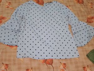 Light Blue Polka Dot Bell Sleeve Top