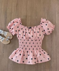 Cute Pink Polka Dot Puff Sleeve Top