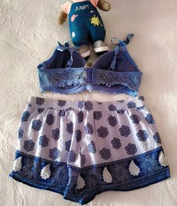 Blue Lace Bra &amp; Sleep Shorts Set