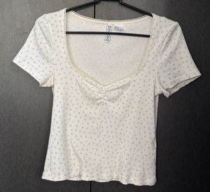 White Floral Print Ribbed Top