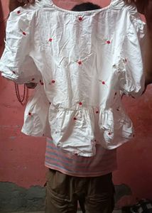White Peplum Top with Red Embroidery