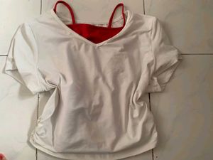 Savana White V-neck ruched top with red camisole