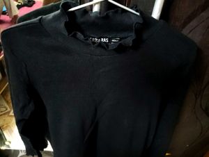 Navy Blue Turtleneck Top with Ruffle Neck
