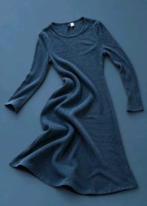 DENIM BLUE RIBBED LONG SLEEVE A-LINE DRESS