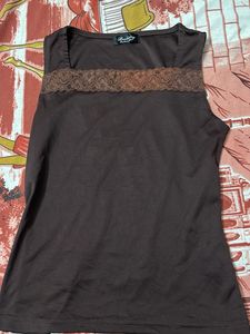 Brown Lace Trim Tank Top