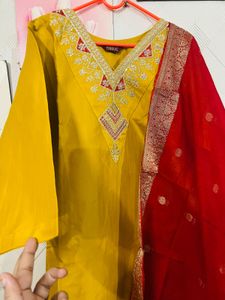 Yellow Kurta with Red Dupatta unused fixed price