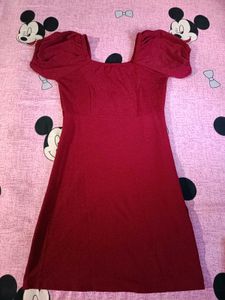 Chic Maroon Puff Sleeve Square Neck Dress