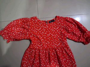 Red Floral Tiered Puff Sleeve Dress