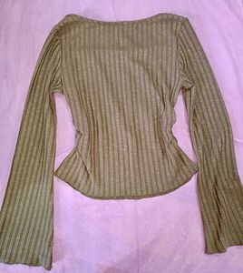 Olive Green Ribbed Bell Sleeve Top(savanna)