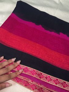 Chic Black &amp; Pink Striped Saree