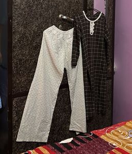 Brown Checked Kurta with White Lace Detail
