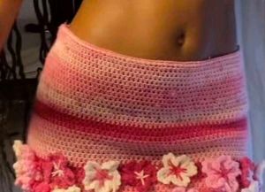 Pink Crochet Flower Mini Skirt top Set