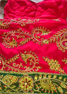 Elegant Red &amp; Green Embroidered Saree with bilauj
