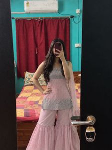 Pink &amp; Silver Sequined Kurta Set with Dupatta