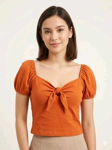 Orange Puff Sleeve Tie-Front Top