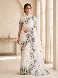 Elegant White Floral Embroidered Saree