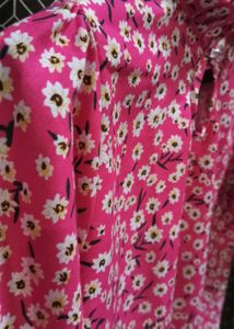 Chic Pink Floral Blouse with Tie-Up Neck
